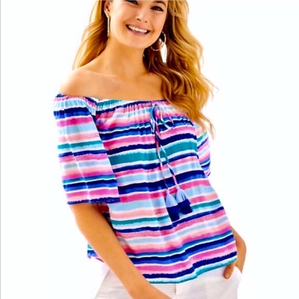 NWT Lilly Pulitzer Sandy Shell Stripe Off Shoulder Sain Top Size XS - $108 MSRP